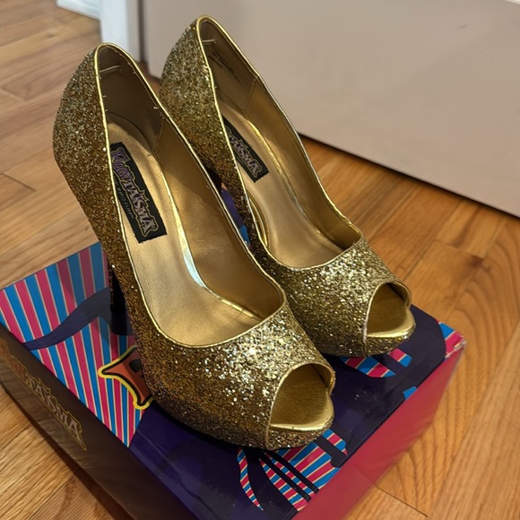 Fun Taisma Gold Glitter Peep-Toe Pump High Heels shoes Sz 9 original box - Picture 3 of 11